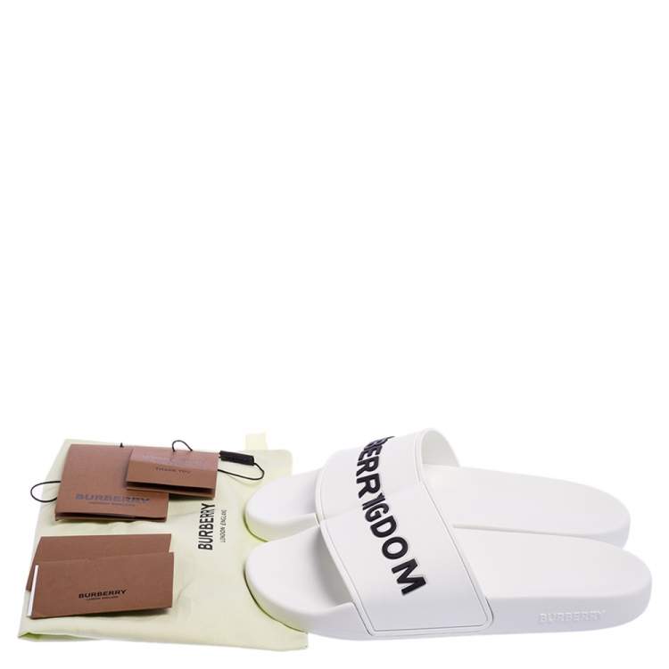 Pre Owned Burberry White Rubber Kingdom Motif Slip On Slides Size 38
