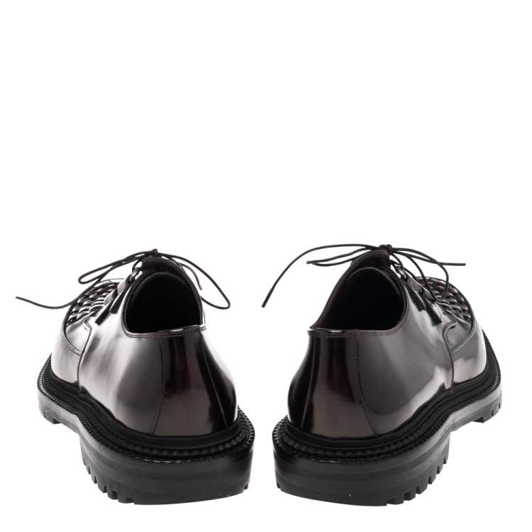 Pre Owned Burberry Burgundy Leather Woven Creepers Toe Detail Lace Up Derby Size 44