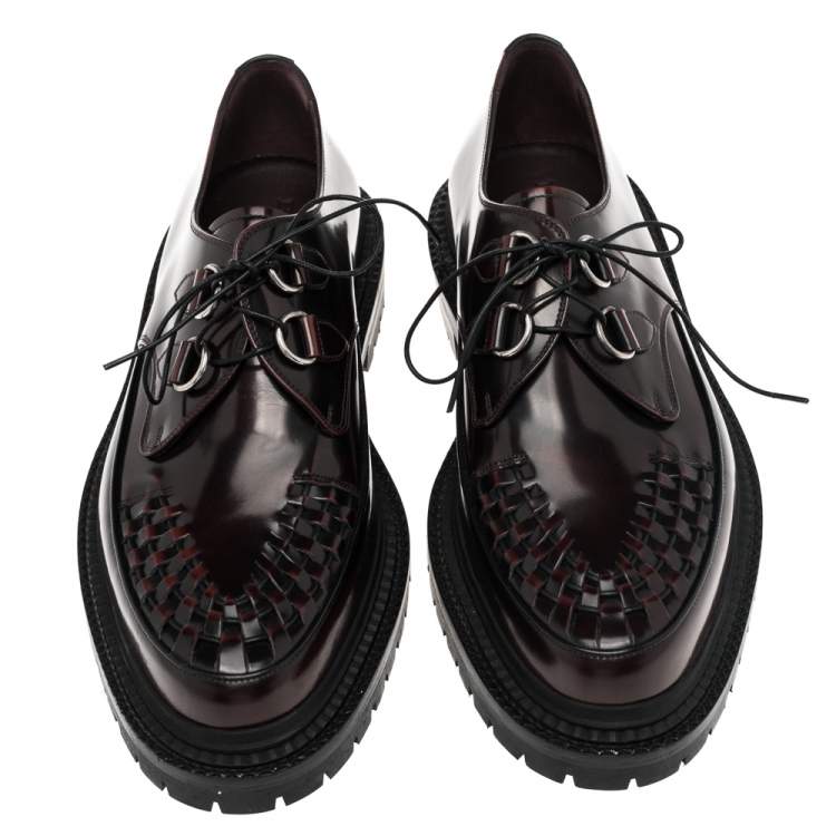 Pre Owned Burberry Burgundy Leather Woven Creepers Toe Detail Lace Up Derby Size 44