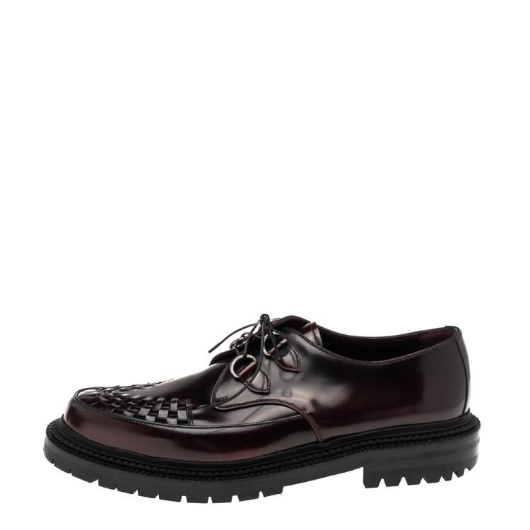 Pre Owned Burberry Burgundy Leather Woven Creepers Toe Detail Lace Up Derby Size 44