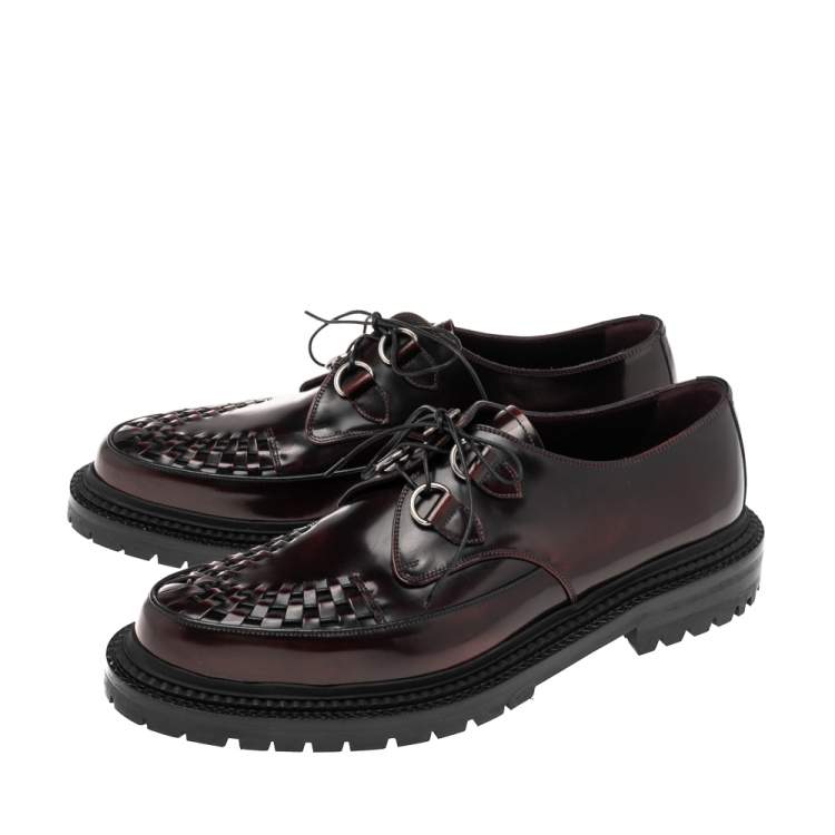 Pre Owned Burberry Burgundy Leather Woven Creepers Toe Detail Lace Up Derby Size 44