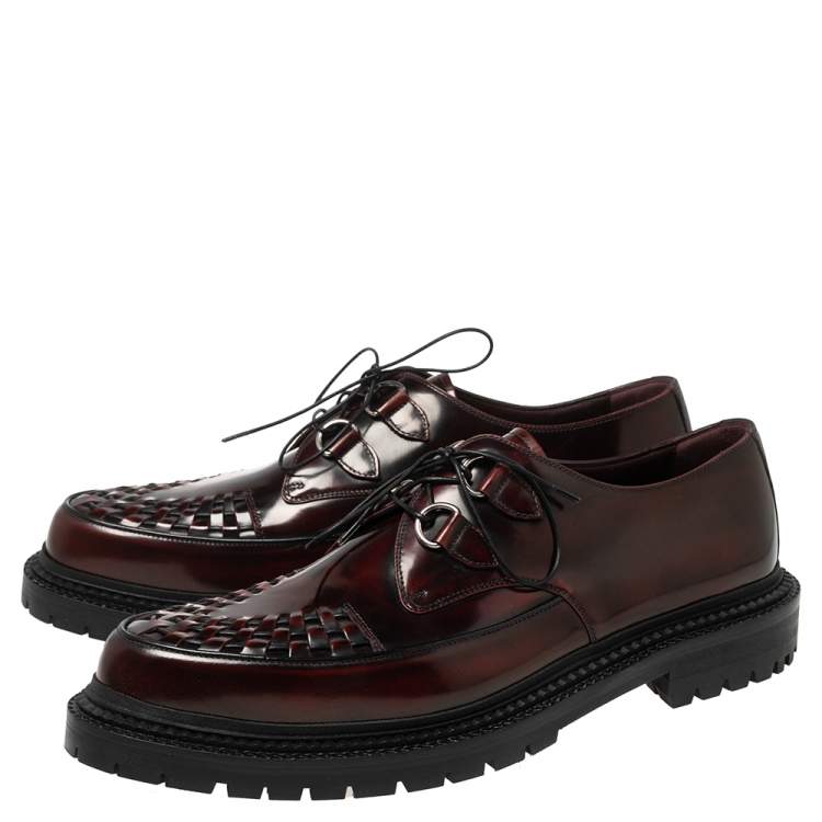 Pre Owned Burberry Burgundy Leather Woven Toe Detail Lace Up Platform Creepers Size 45
