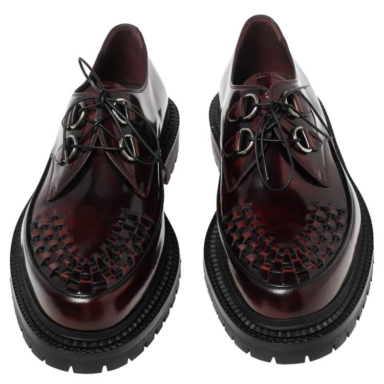 Pre Owned Burberry Burgundy Leather Woven Toe Detail Lace Up Platform Creepers Size 45