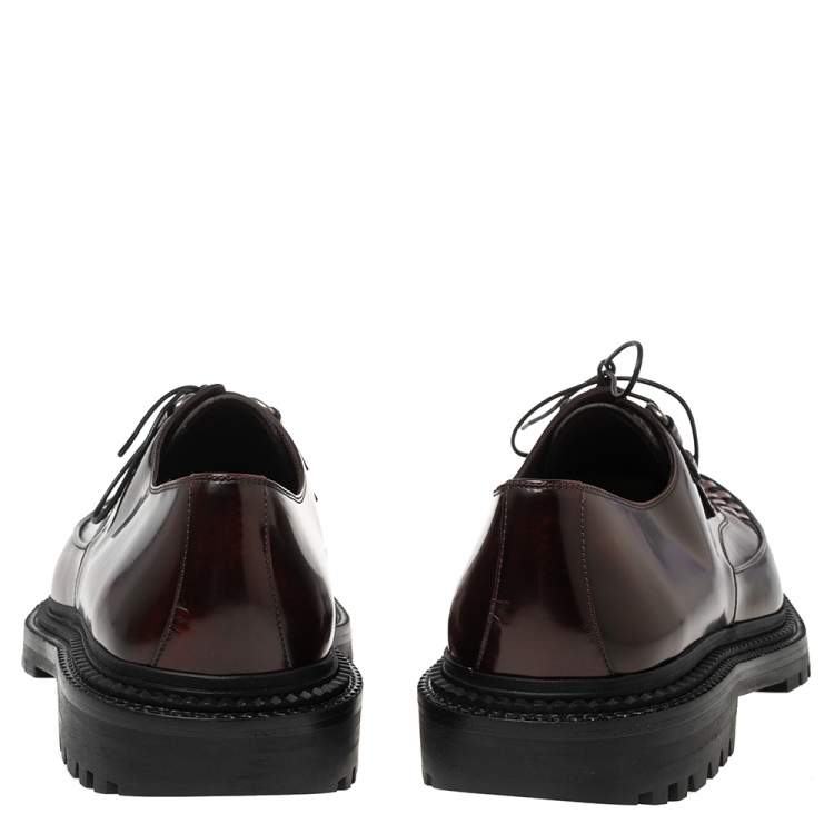Pre Owned Burberry Burgundy Leather Woven Toe Detail Lace Up Platform Creepers Size 45
