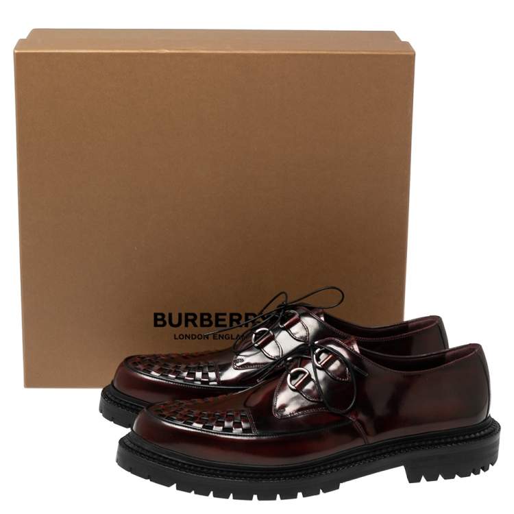Pre Owned Burberry Burgundy Leather Woven Toe Detail Lace Up Platform Creepers Size 45