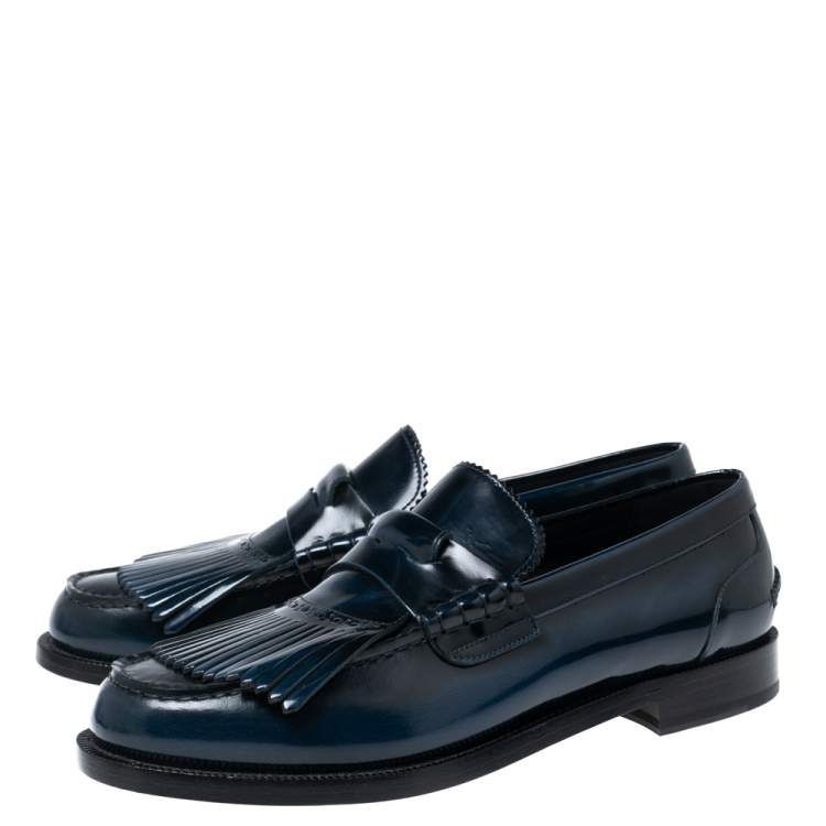 مملوكة مسبقًا Burberry Navy Blue Leather Fringe Detail Penny Loafers Size 44 