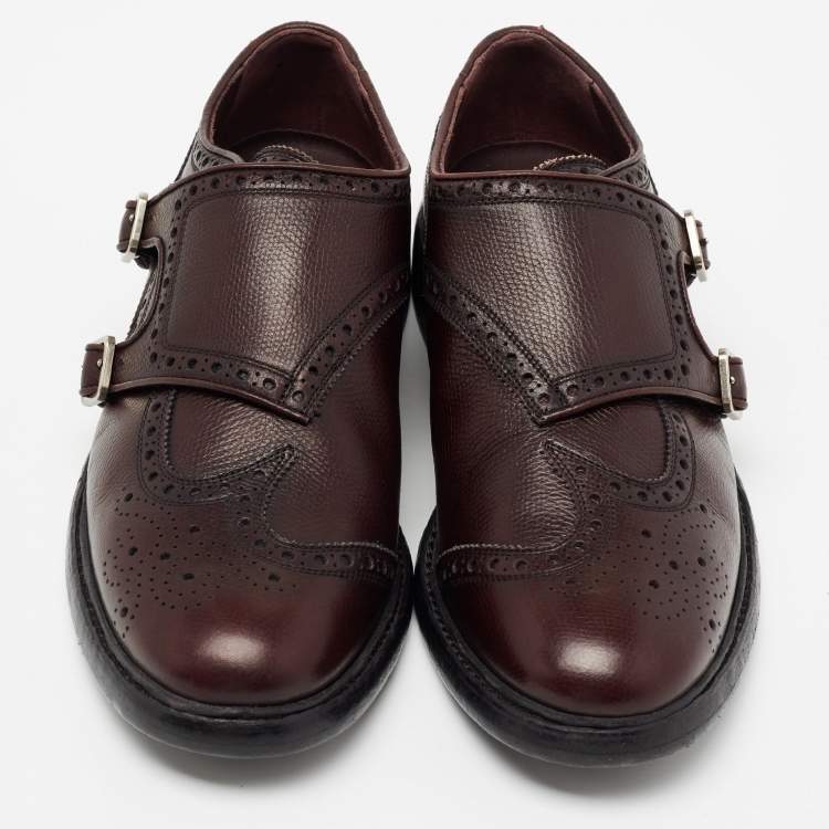 Pre Owned Burberry Burgundy Brogue Leather Delmar Asymmetric Monk Derby Size 41
