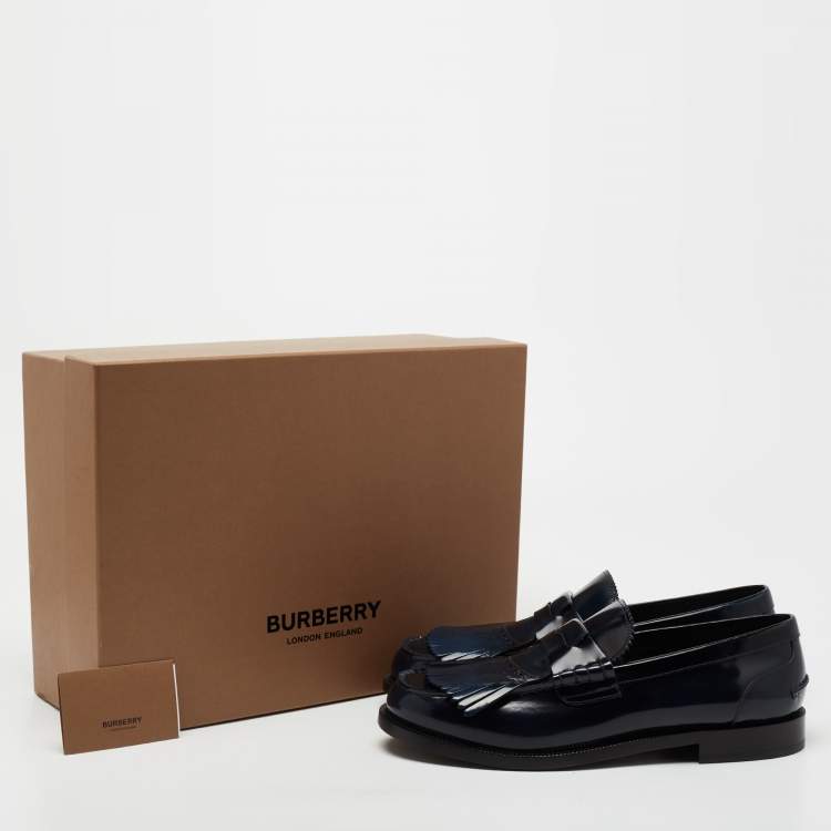 Pre Owned Burberry Navy Blue Patent Leather Bedmoore Fringe Detail Penny Loafers Size 44