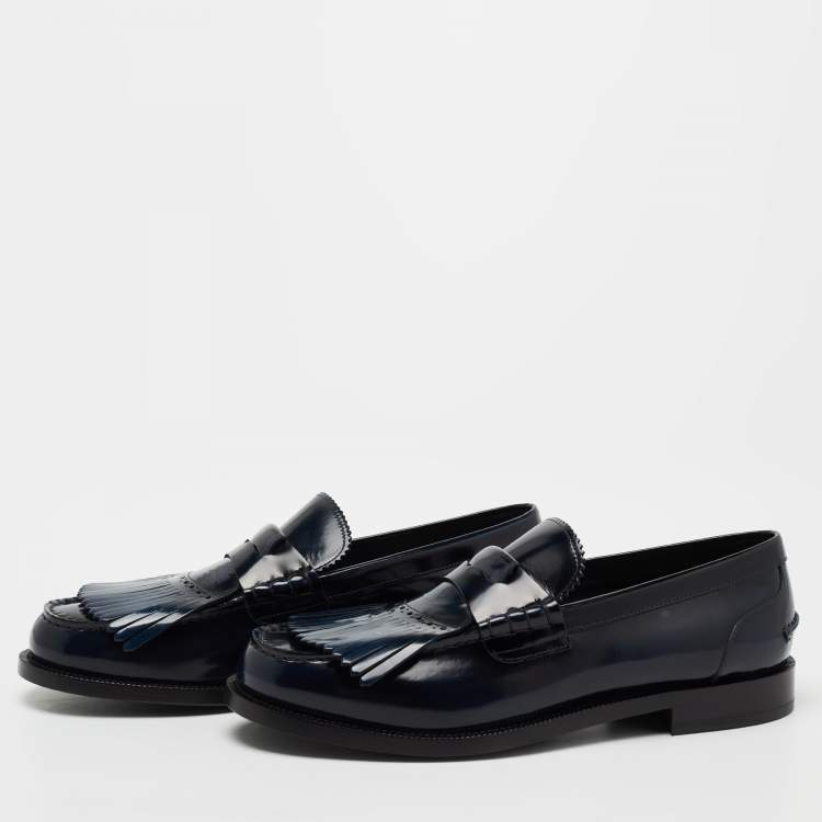 Pre Owned Burberry Navy Blue Patent Leather Bedmoore Fringe Detail Penny Loafers Size 44
