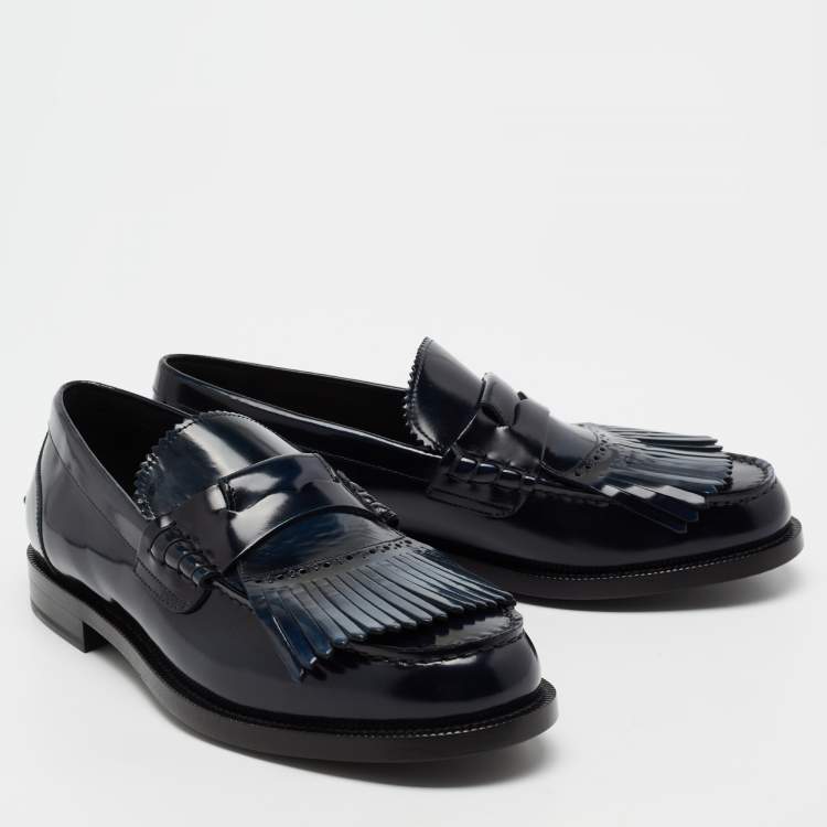 Pre Owned Burberry Navy Blue Patent Leather Bedmoore Fringe Detail Penny Loafers Size 44