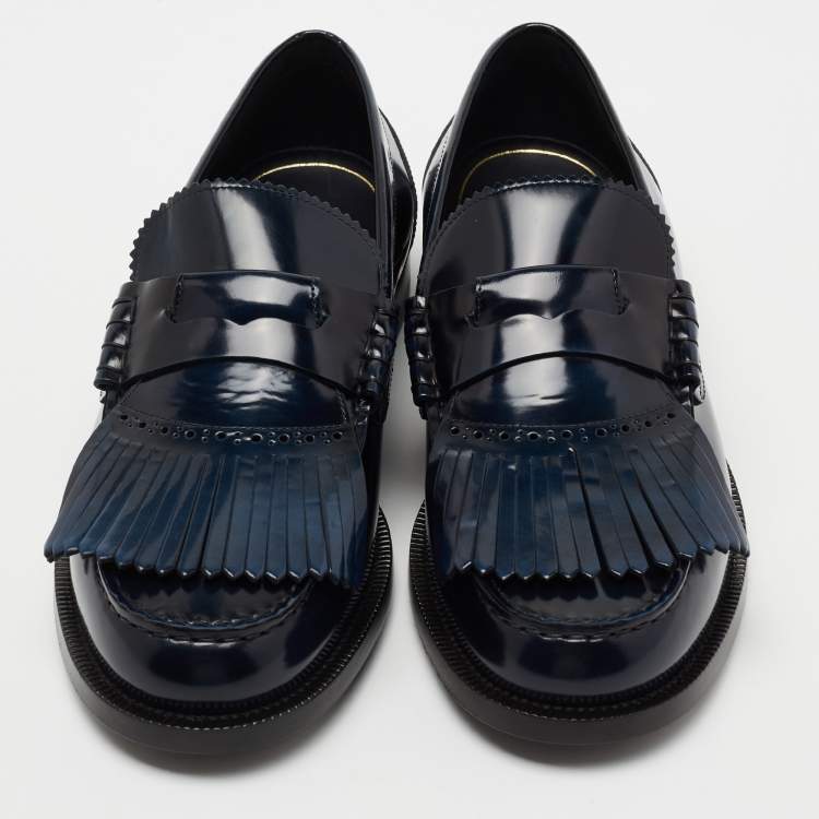 Pre Owned Burberry Navy Blue Patent Leather Bedmoore Fringe Detail Penny Loafers Size 44