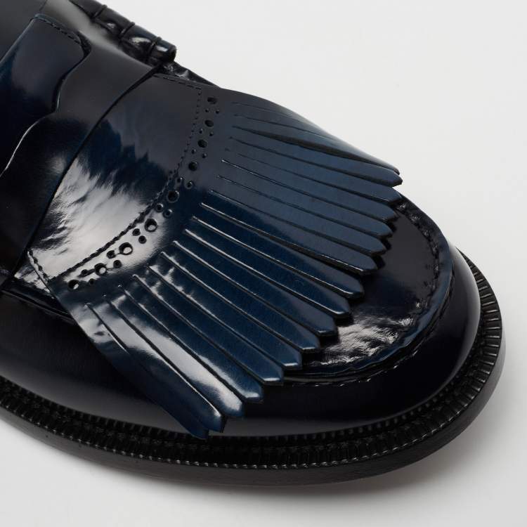 Pre Owned Burberry Navy Blue Patent Leather Bedmoore Fringe Detail Penny Loafers Size 44