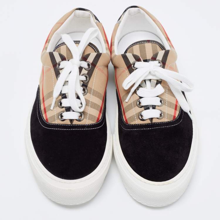 Pre Owned Burberry Beige/Black House Check Fabric and Suede Low-Top Sneakers Size 40.5