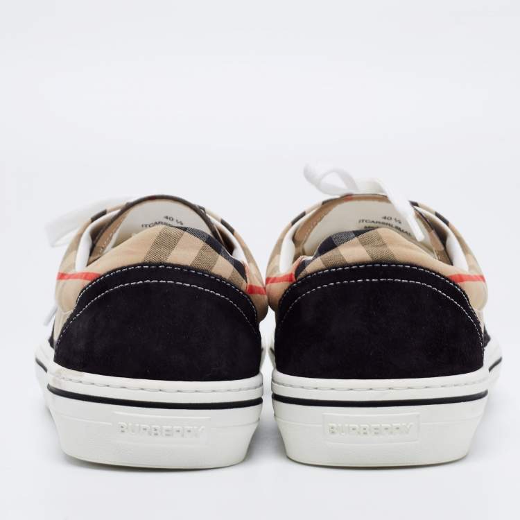 Pre Owned Burberry Beige/Black House Check Fabric and Suede Low-Top Sneakers Size 40.5