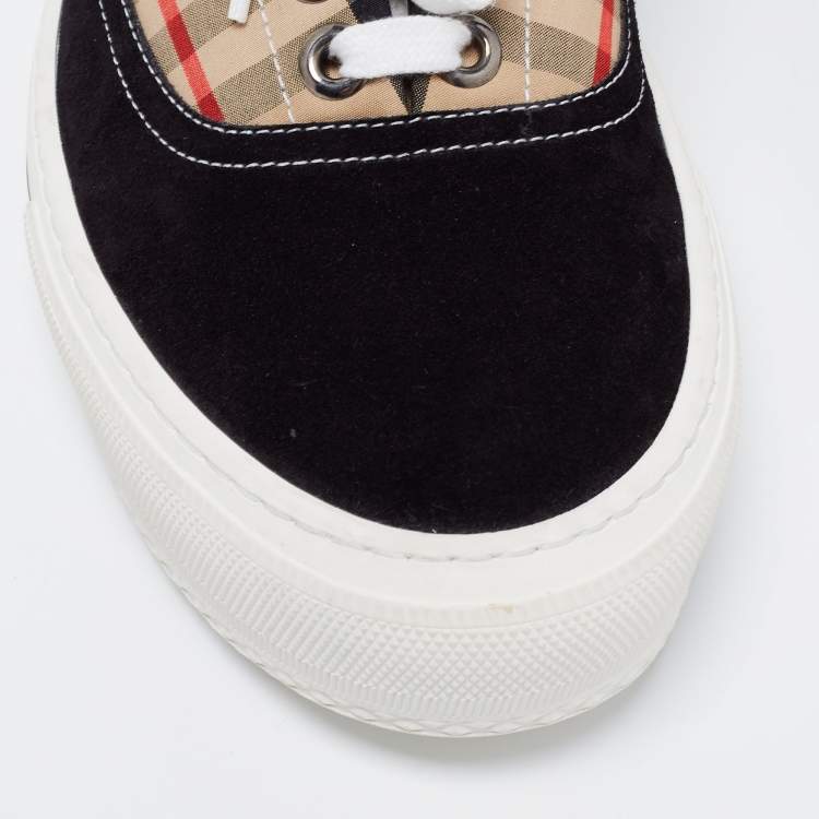 Pre Owned Burberry Beige/Black House Check Fabric and Suede Low-Top Sneakers Size 40.5