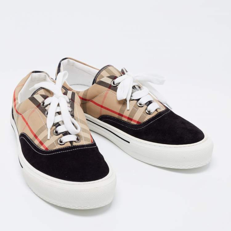 Pre Owned Burberry Beige/Black House Check Fabric and Suede Low-Top Sneakers Size 40.5