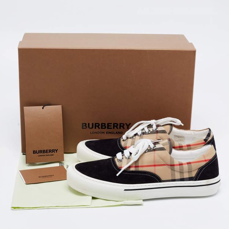 Pre Owned Burberry Beige/Black House Check Fabric and Suede Low-Top Sneakers Size 40.5