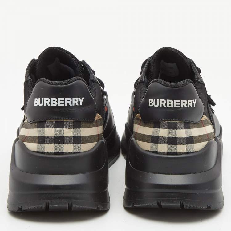 Pre Owned Burberry Black Mesh and Leather Ramsey Check Low Top Sneakers Size 42 