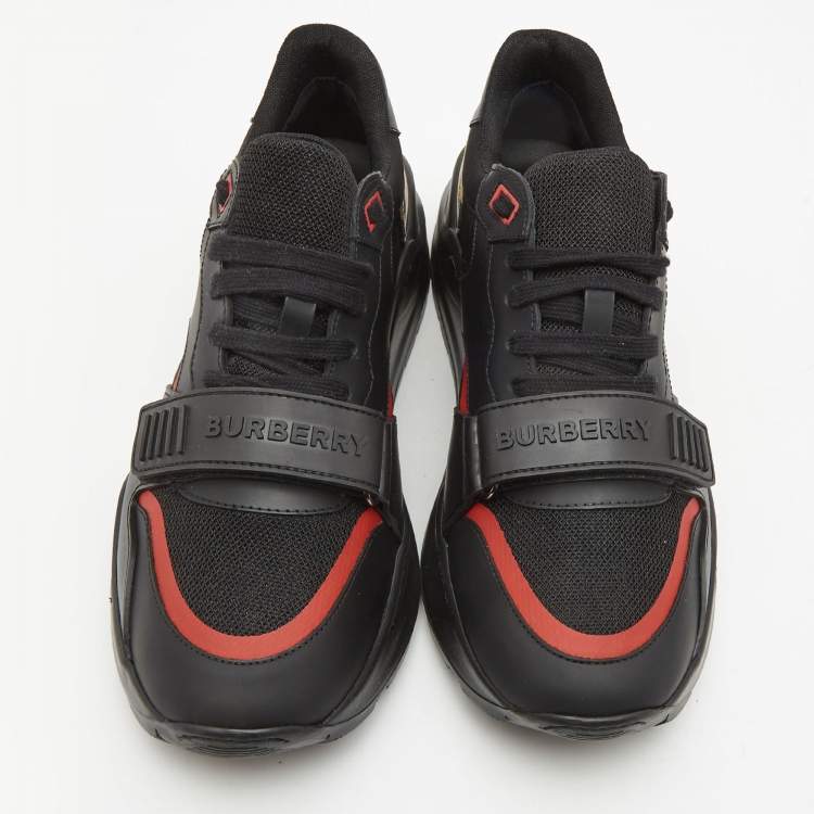 Pre Owned Burberry Black Mesh and Leather Ramsey Check Low Top Sneakers Size 42 