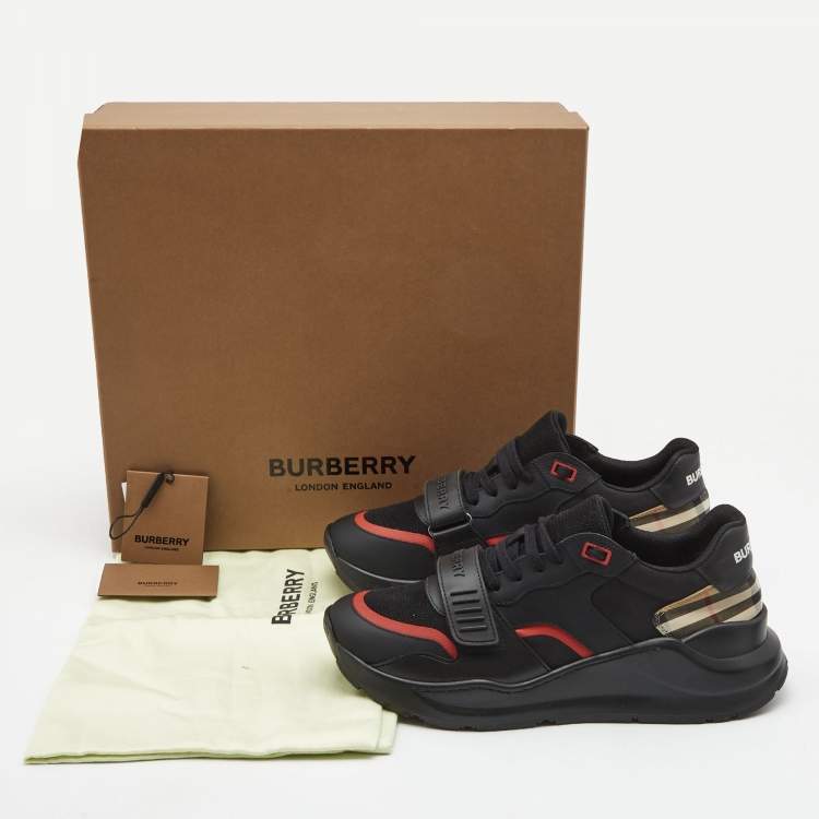Pre Owned Burberry Black Mesh and Leather Ramsey Check Low Top Sneakers Size 42 
