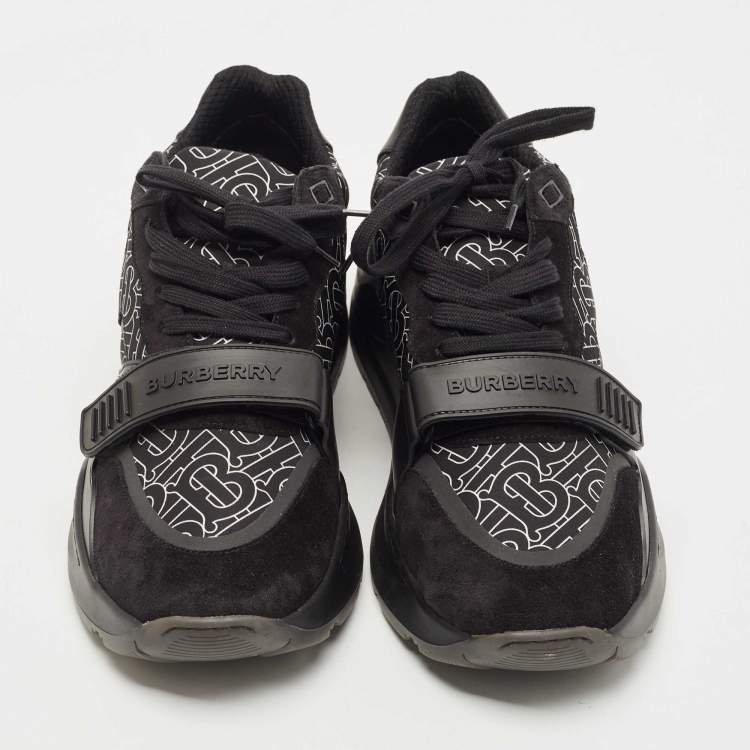 Pre Owned Burberry Black Suede and Leather Print Ramsey Sneakers Size 45