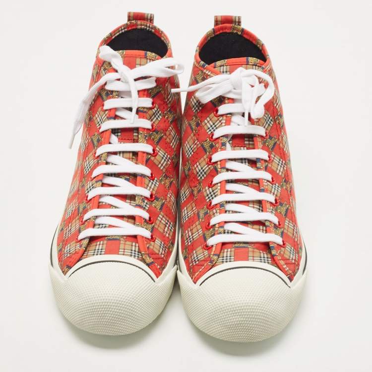 Pre Owned Burberry Red Check Fabric Kingly High Top Sneakers Size 45