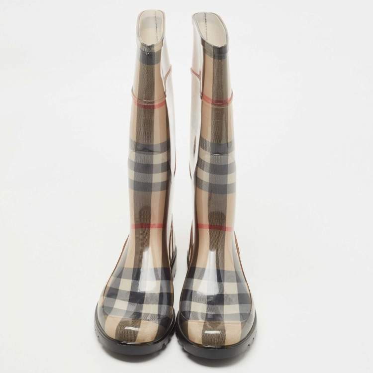 Pre Owned Burberry Brown Nova Check Rubber Rain Boots Size 41