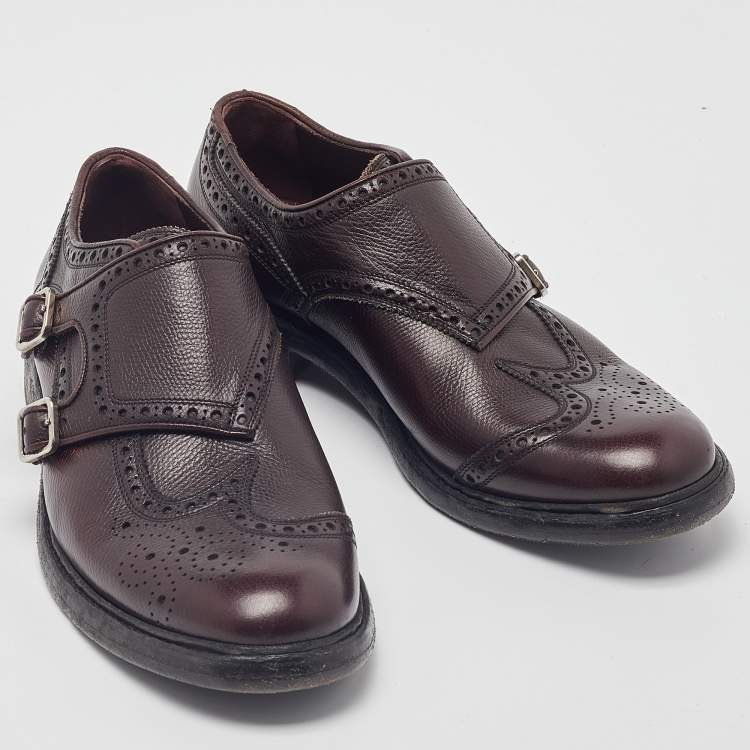 Pre Owned Burberry Burgundy Brogue Leather Delmar Monk Derby Size 40.5 