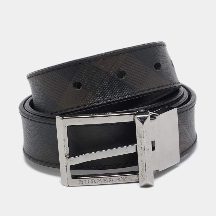 Pre Owned Burberry Black Smoke Check Coated Canvas and Leather Reversible Buckle Cut to Size Belt 
