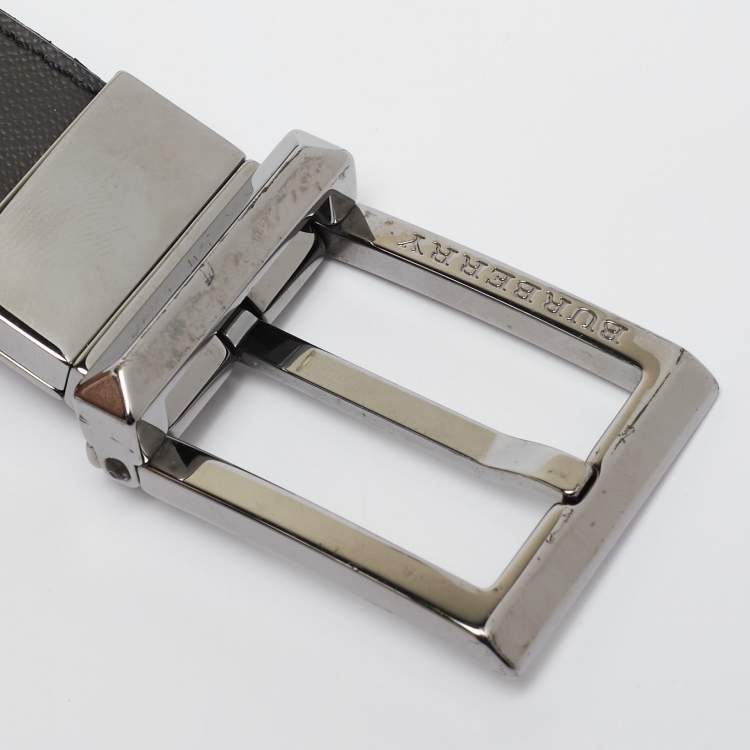 Pre Owned Burberry Black Smoke Check Coated Canvas and Leather Reversible Buckle Cut to Size Belt 