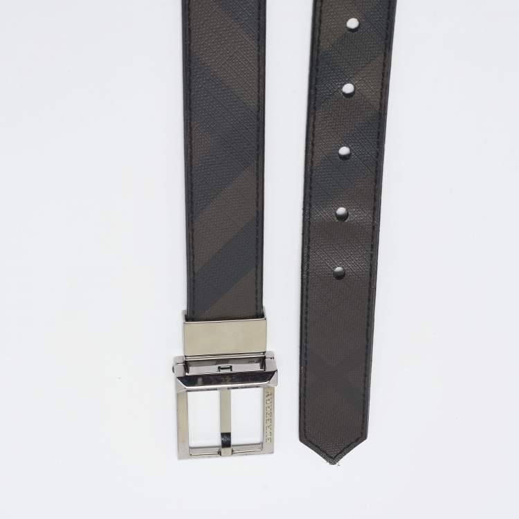 Pre Owned Burberry Black Smoke Check Coated Canvas and Leather Reversible Buckle Cut to Size Belt 