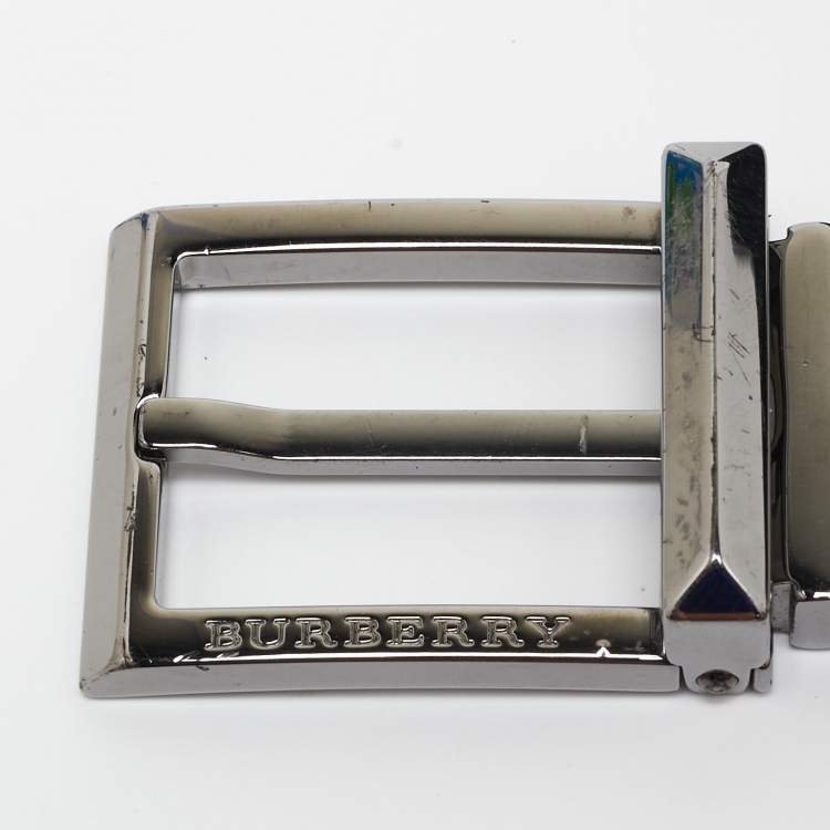 Pre Owned Burberry Black Smoke Check Coated Canvas and Leather Reversible Buckle Cut to Size Belt 