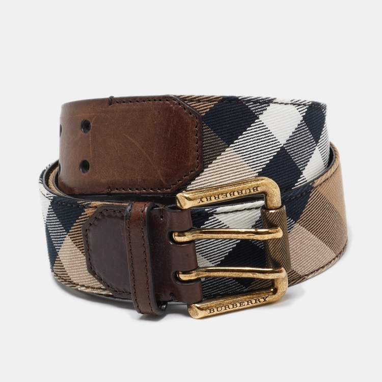 Pre Owned Burberry Brown/Beige Nova Check Canvas and Leather Buckle Belt 90CM