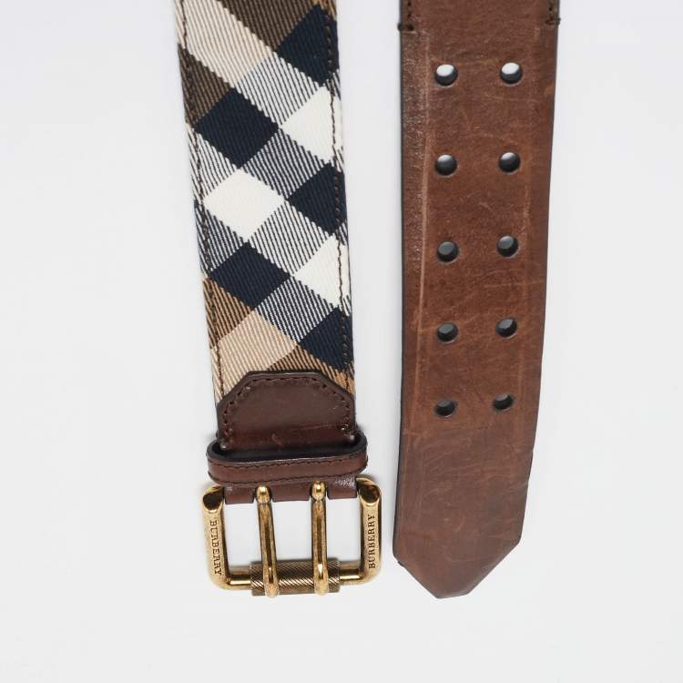 Pre Owned Burberry Brown/Beige Nova Check Canvas and Leather Buckle Belt 90CM