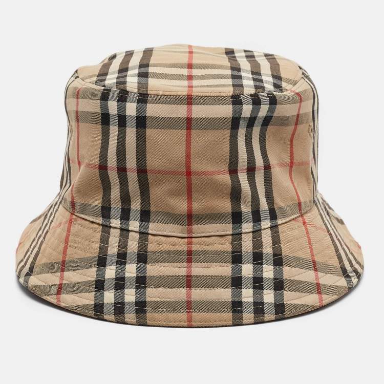 Pre Owned Burberry Brown Vintage Checks Cotton Blend Bucket Hat L