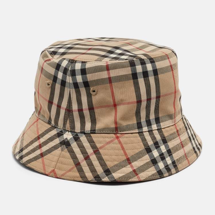 Pre Owned Burberry Brown Vintage Checks Cotton Blend Bucket Hat L