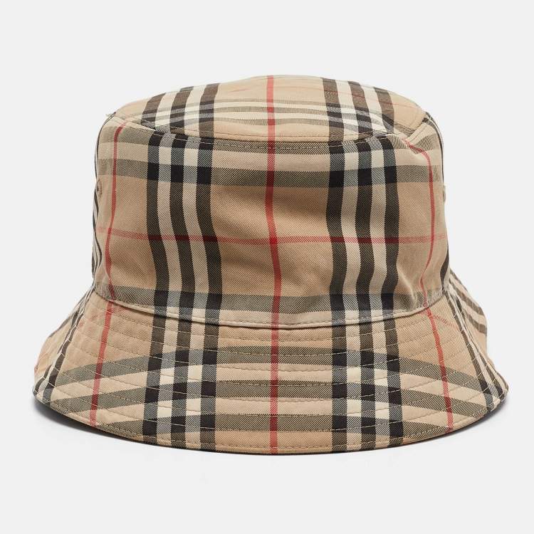 Pre Owned Burberry Brown Vintage Checks Cotton Blend Bucket Hat L