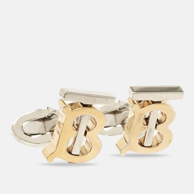 Pre Owned Burberry Logo Monogram Two Tone Metal Cufflinks