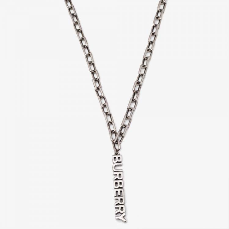 Pre Owned Burberry Logo Detail Silver Tone Necklace