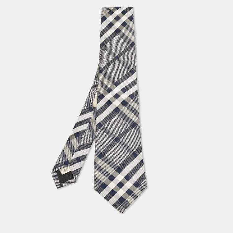 Pre Owned Burberry Navy Blue Check Pattern Silk Tie