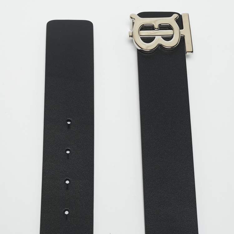 Pre Owned Burberry Black/Dark Brown Leather TB Logo Reversible Belt 90 CM