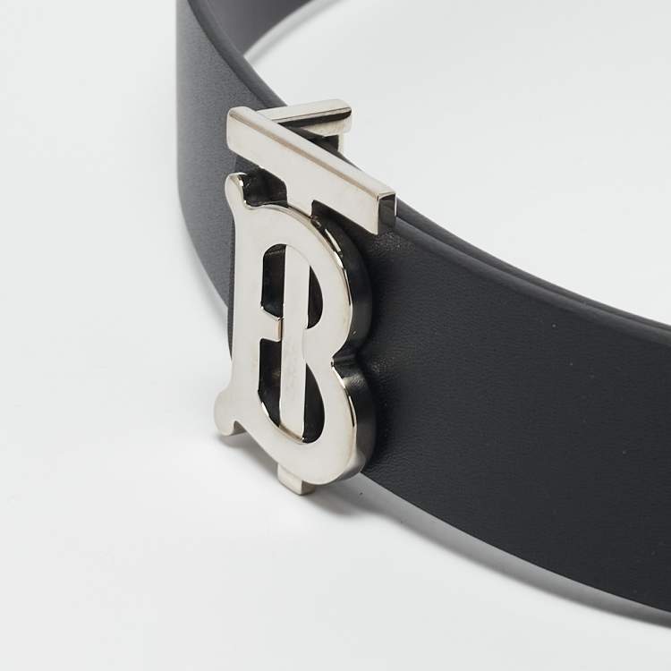 Pre Owned Burberry Black/Dark Brown Leather TB Logo Reversible Belt 90 CM