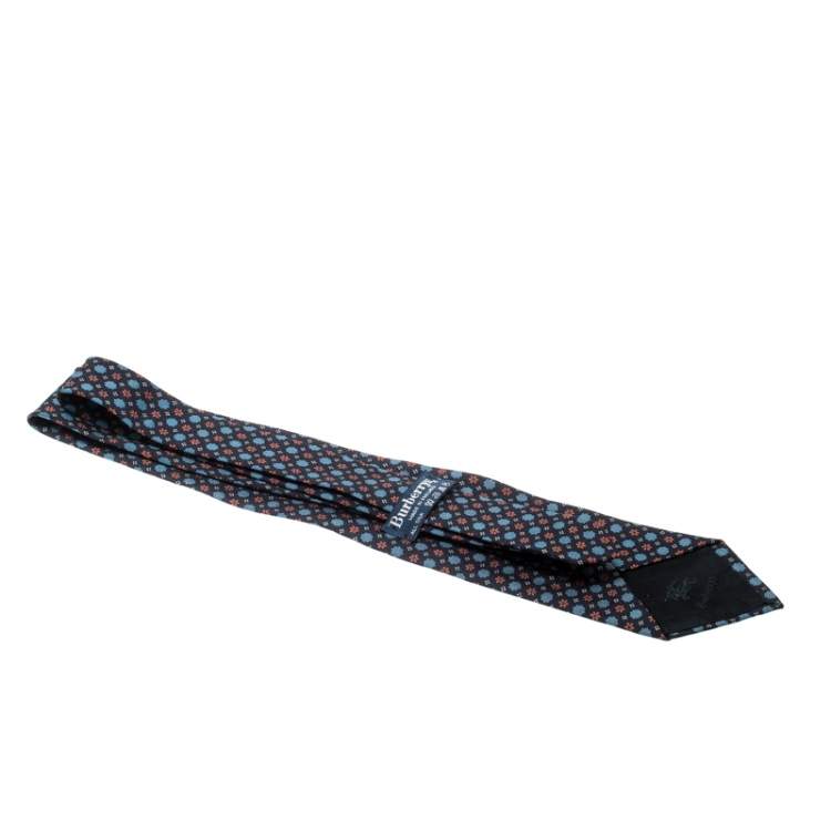 Pre Owned Burberry Vintage Navy Blue Floral Pattern Silk Tie 
