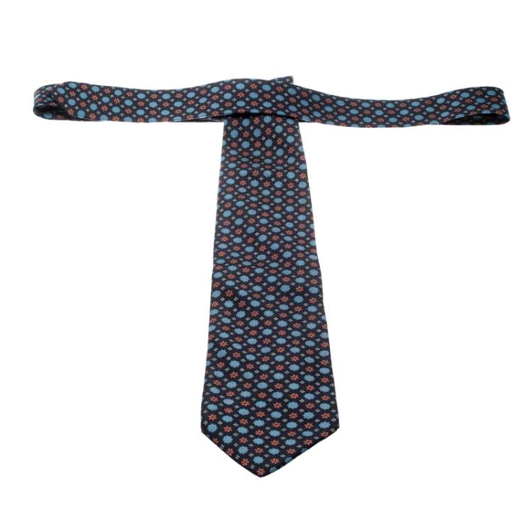 Pre Owned Burberry Vintage Navy Blue Floral Pattern Silk Tie 