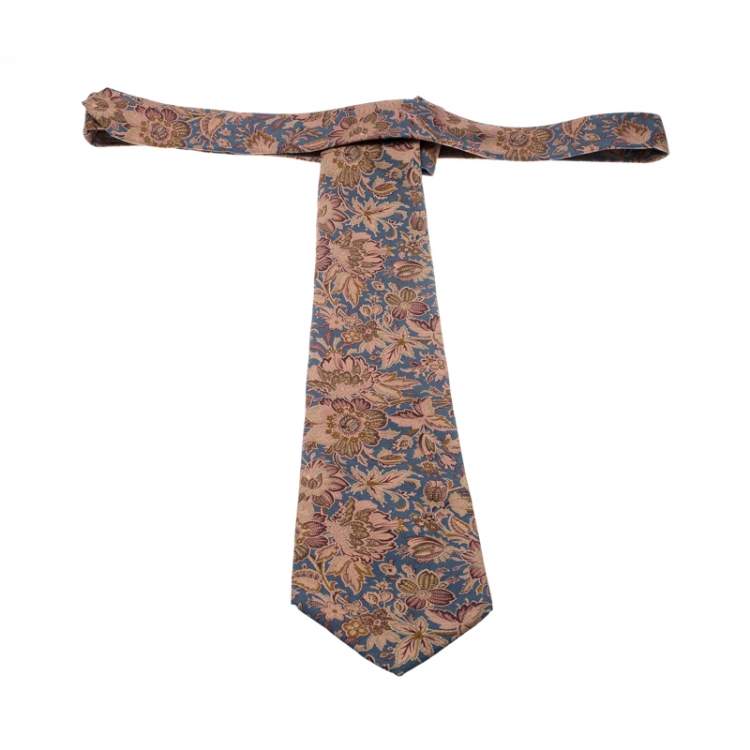 مملوكة مسبقًا Burberry Vintage Blue and Brown Floral Print Silk Tie 
