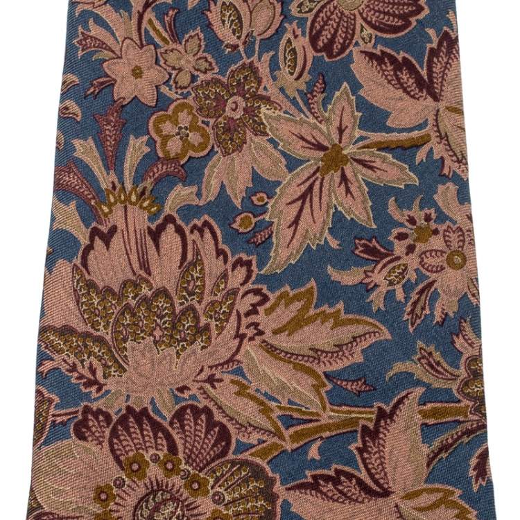 مملوكة مسبقًا Burberry Vintage Blue and Brown Floral Print Silk Tie 