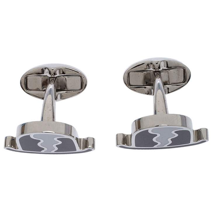 Pre Owned Burberry Black & White Enamel Silver Tone Cufflinks