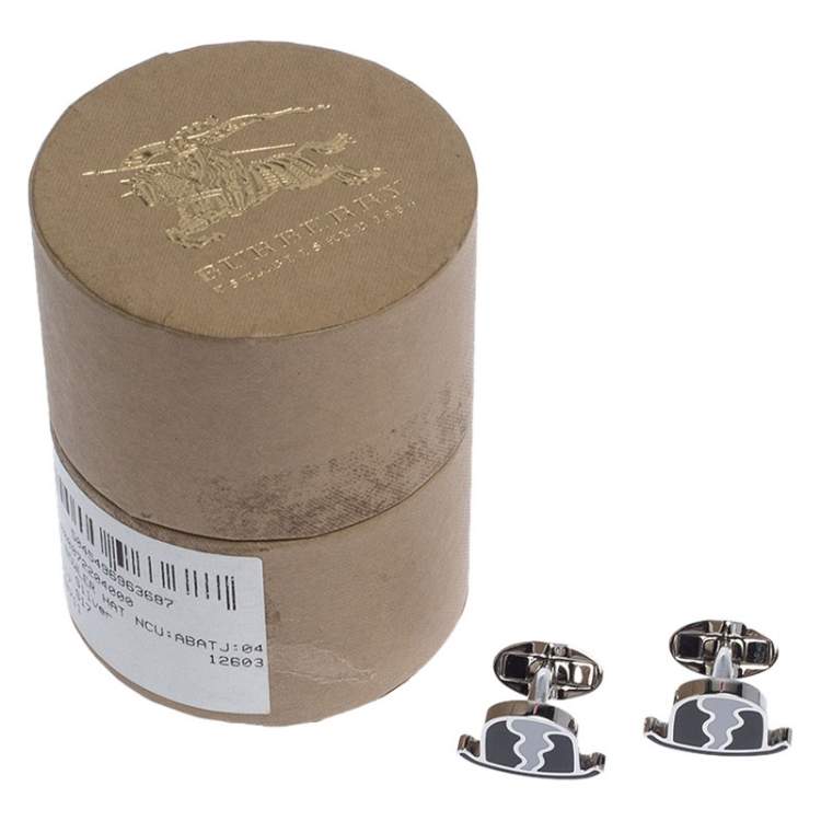 Pre Owned Burberry Black & White Enamel Silver Tone Cufflinks