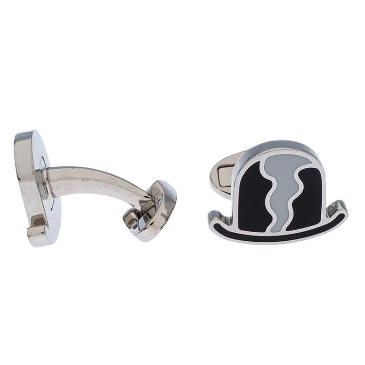 Pre Owned Burberry Black & White Enamel Silver Tone Cufflinks