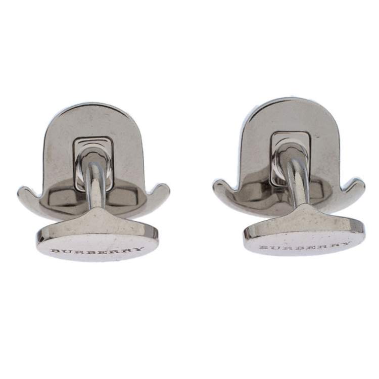 Pre Owned Burberry Black & White Enamel Silver Tone Cufflinks